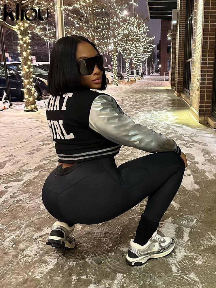 Kliou Letter Shape Patchwork Coats Women Casual Classic Panelled Long Sleeve Single Breasted Croped Jacket Female Street Outwear