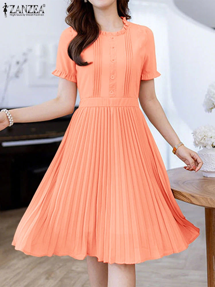 2025 ZANZEA Elegant Women Midi Dresses Summer Office Work Dress Short Sleeve O Neck Party Vestidos Pleated Sundress Robe Femme