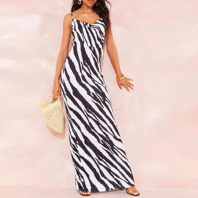 Folds Print Spaghetti Strap Slim Long Dresses Women Fashion Sexy Low Cut Package Hip Bodycon Party Dress Trendy Streetwear New