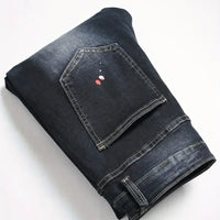 Men y2k Stretchy Denim jeans Ripped Skinny Letter Print elastic waist Casual pants for men Hole Slim Fit Denim Hip Hop Trousers