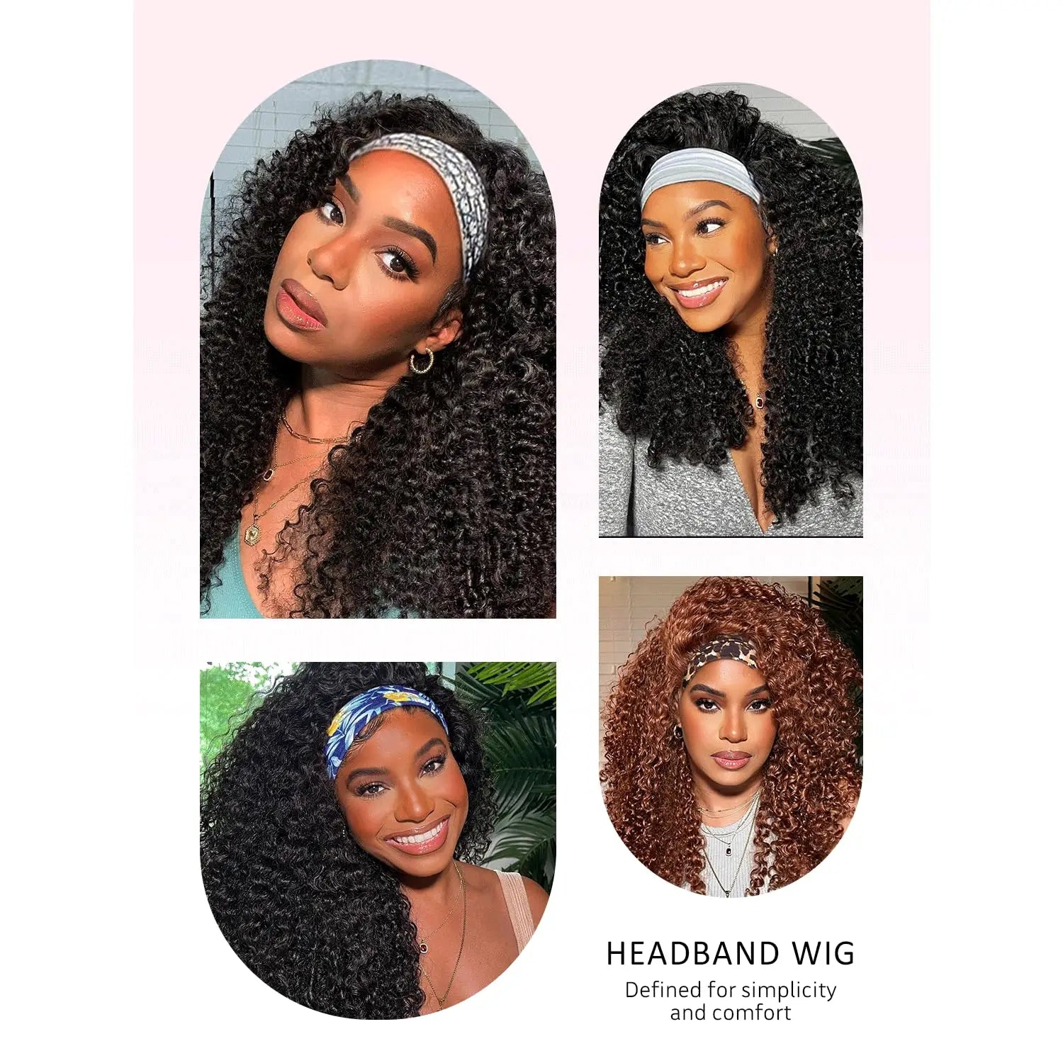 Kinky Curly Headband Wig Human Hair Wigs for Black Women 180% Density Wear and Go Human hair Wig Machine Made Wigs Natural Black