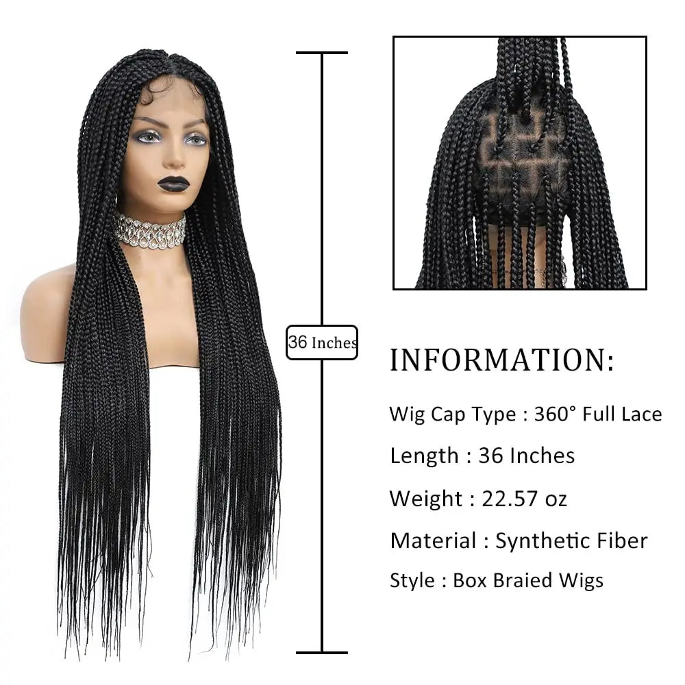 Synthetic 36 Inch Cornrow Braided Wigs for Black Women Full Lace Braids Wig Natural Black Knotless Box Wig Faux Locs Wig