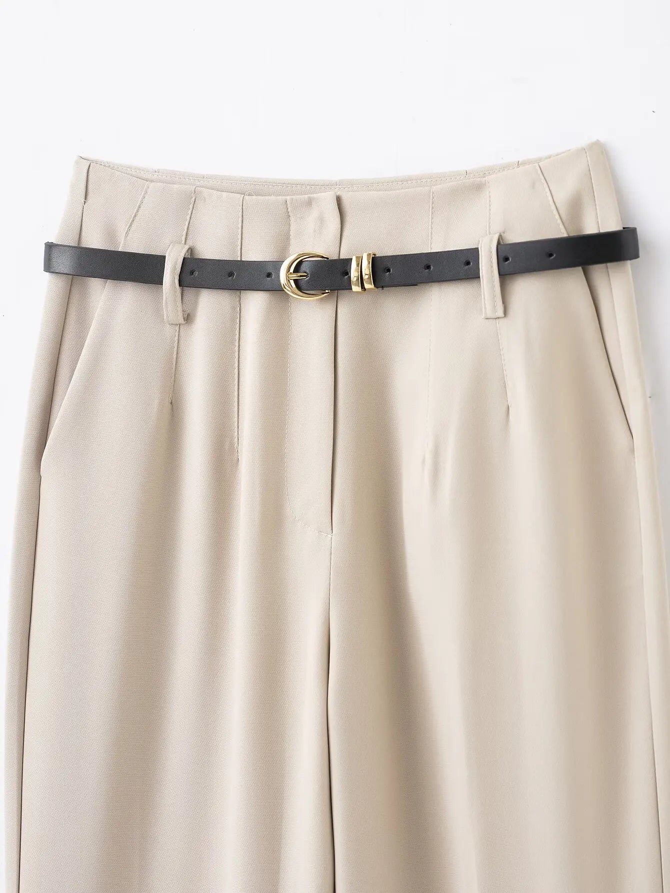 Faionable High Waist Belted Straight Leg Pants Women's Slim Fit Casual Autumn New Arrival Street Sle Polyester Fiber