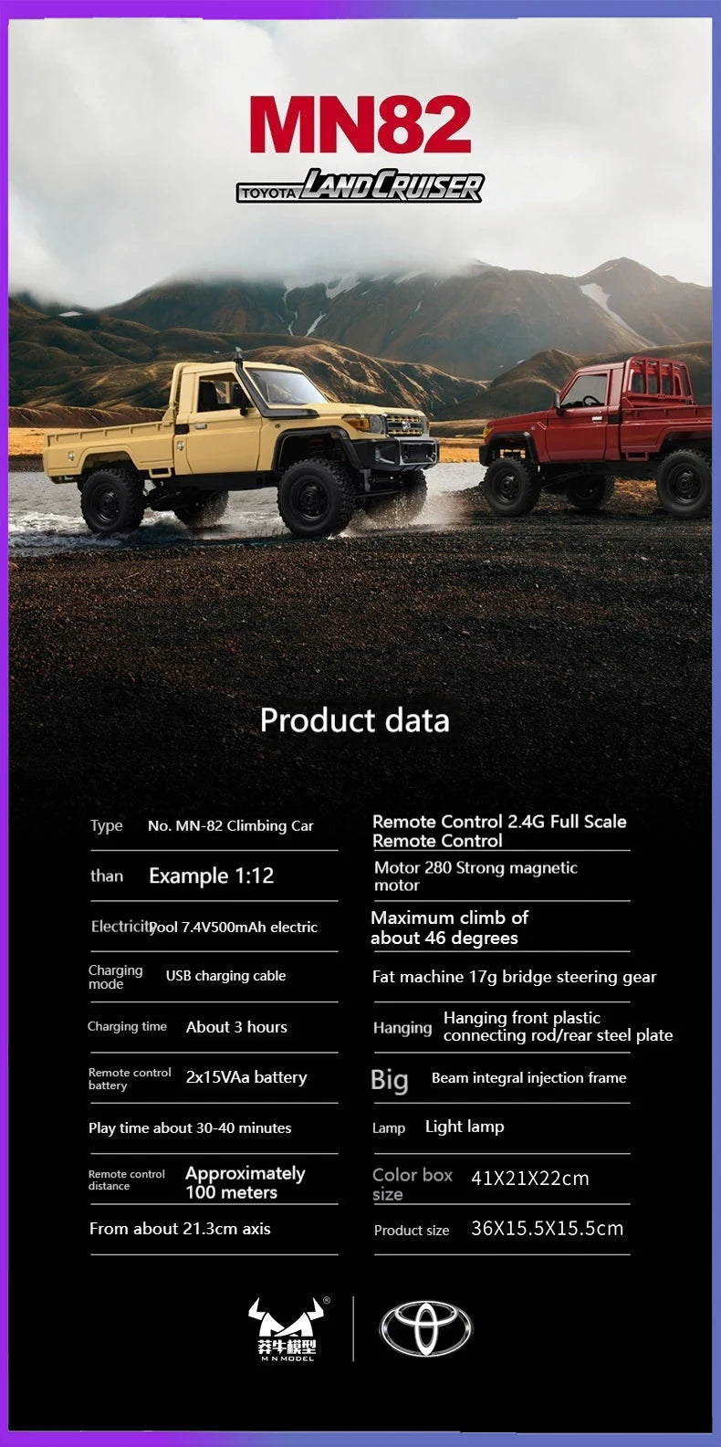 Rc Car MN82 1:12 Retro with LED Lights, Full Scale Analog LC79, Professional Four-wheel Drive Truck, Toy Truck Model RC