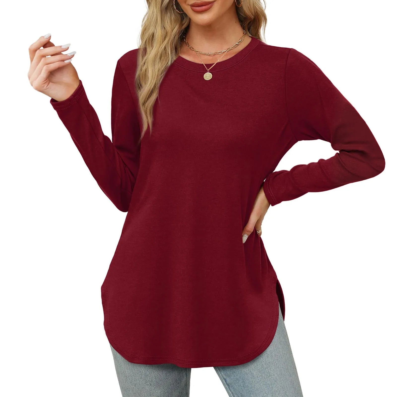 Traf 2024 Mujer Womens Long Sleeve Round Neck Shirts Side Split Basic Loose Tunic Tops Casual Shirts Ropa De Mujer Fashion