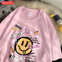 Summer Cotton Women T-Shirts Fun Graffiti Cute Smiling Face Prints Tees Breathable Loose O-Neck Casual Street Female Clothes