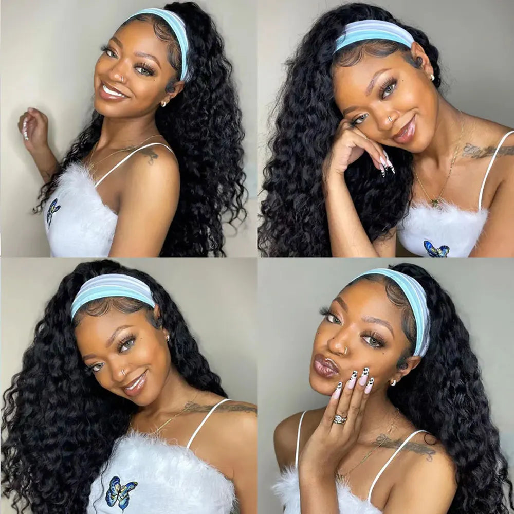 Headband Wig Human Hair Deep Wave Wig 250% Straight Body Wave Human Hair Wigs Half Kinky Cury Wig Brazilian Ready To Wear Wig