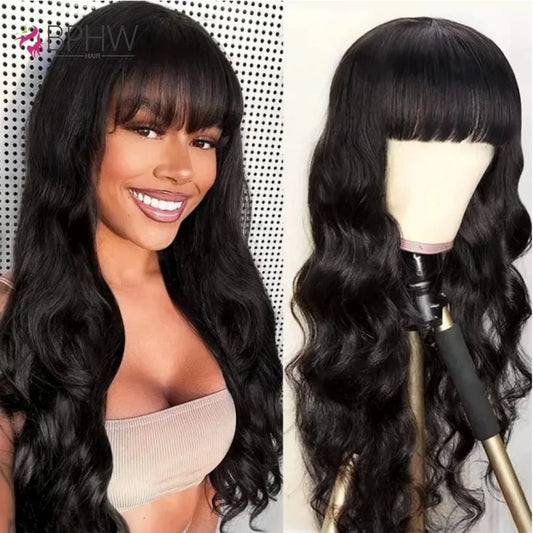 Body Wave Wig With Bangs Brazilian Human Hair Wig Sale Full Machine Made Fringe Glueless Wigs Ready To Wear 100% Original Hair