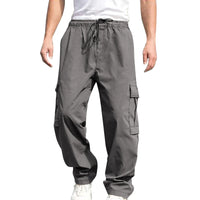 Men s Loose Cargo Long Pants Solid Color Drawstring Waist Straight Leg Trousers Casual Work Pants with Pockets