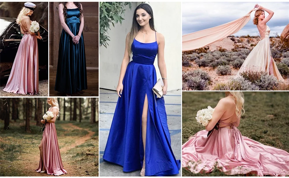 Elegant Women Maxi Beach Satin Dress Sexy Leg Slit Lace up Evening Prom Gown Adjustable Straps Bridesmaid Dresses