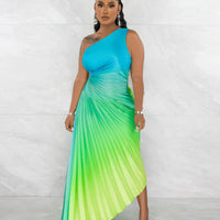 CM.YAYA Women Gradient Printed Pleated One Shoulder Roll Waist Maxi Irregular Big Swing Dress 2023 Sexy Party Vestidos Dresses