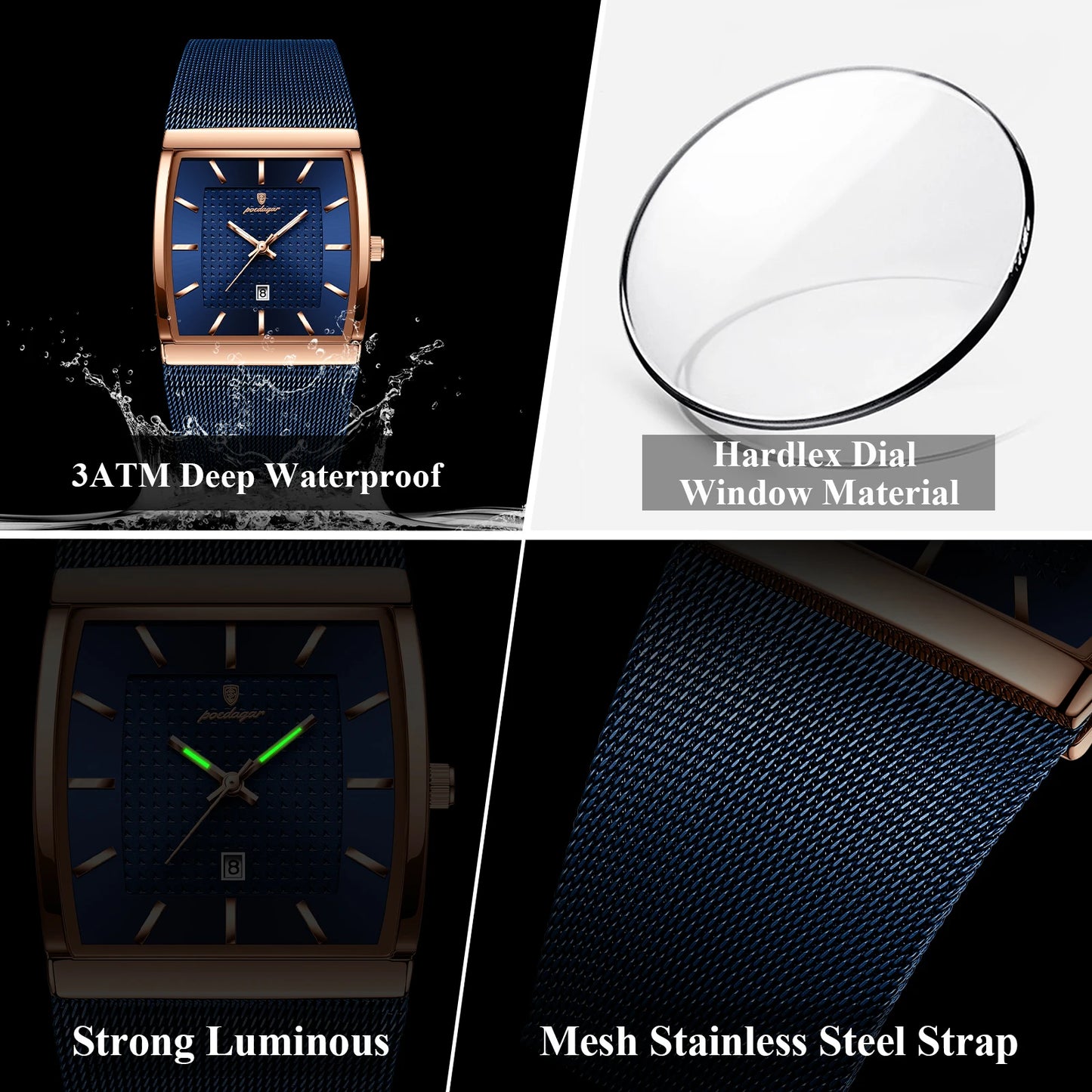 POEDAGAR Luxury Fashion Men Clock Stainless Steel Mesh Date Waterproof Luminous Man Wristwatch Quartz Casual Men's Watches Reloj