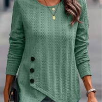 Women's Long Sleeve Round Neck Top Solid Color Button Jacquard T-Shirt Elegant Trend Autumn Top