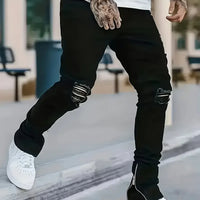 Men's Slim Fit Black Jeans - Street Style, Cotton Blend, Mid-Stretch Fabric, Ripped Detail, All-Season Wear