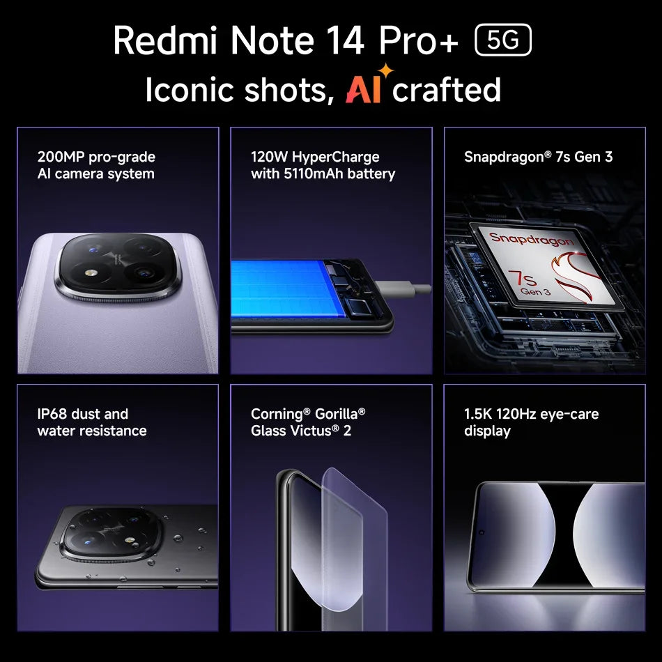 Xiaomi Redmi Note 14 Pro+ 5G Global Version Snapdragon 7s Gen 3 AMOLED 200MP Camera 6.7" 120Hz