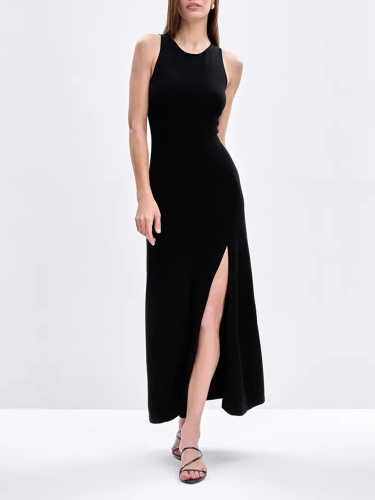 Knit Sleeveless Dresses For Women Long Elegant White High Slit Dress Bodycon Ladies Office Skinny Maxi Tank Rib Dress Female