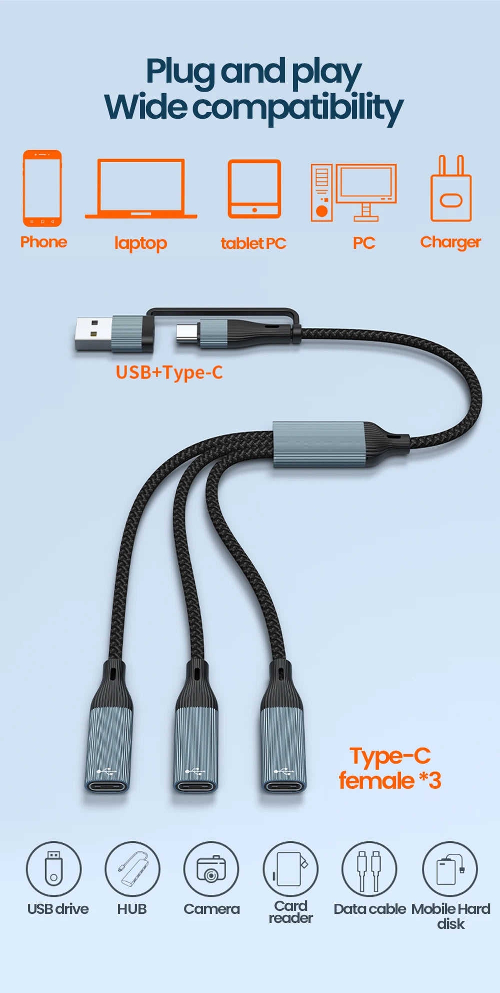 USB Type C HUB Multiple Splitter Adapter OTG Data Transfer 3/2 Port USB Power Charging Hub Cable Connector Adapter