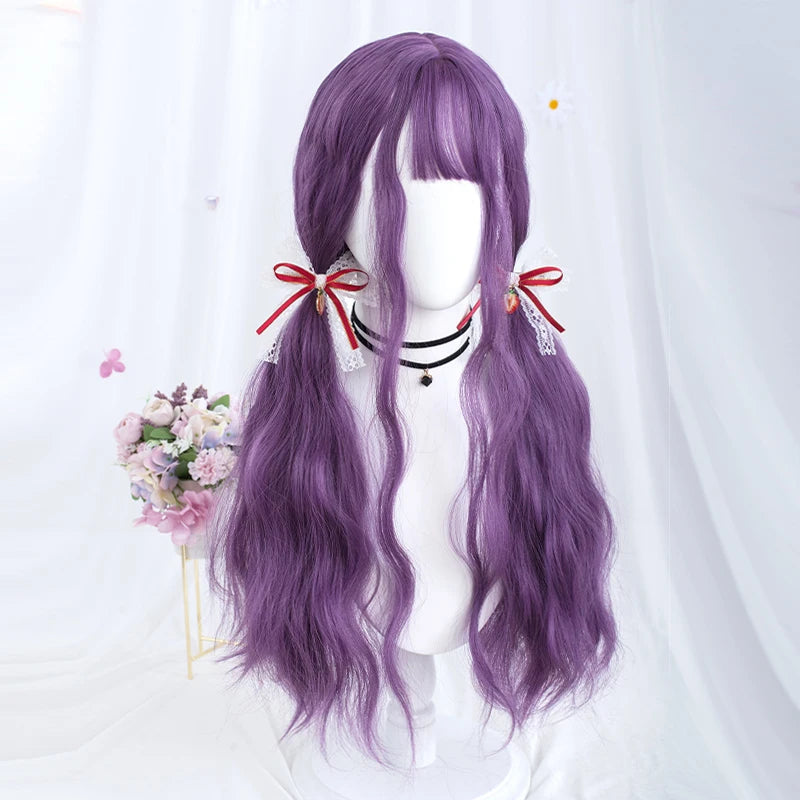 VICWIG Synthetic Hair Long Wavy Purple Green Black Blue Brown Cosplay Wig with Bangs for Women