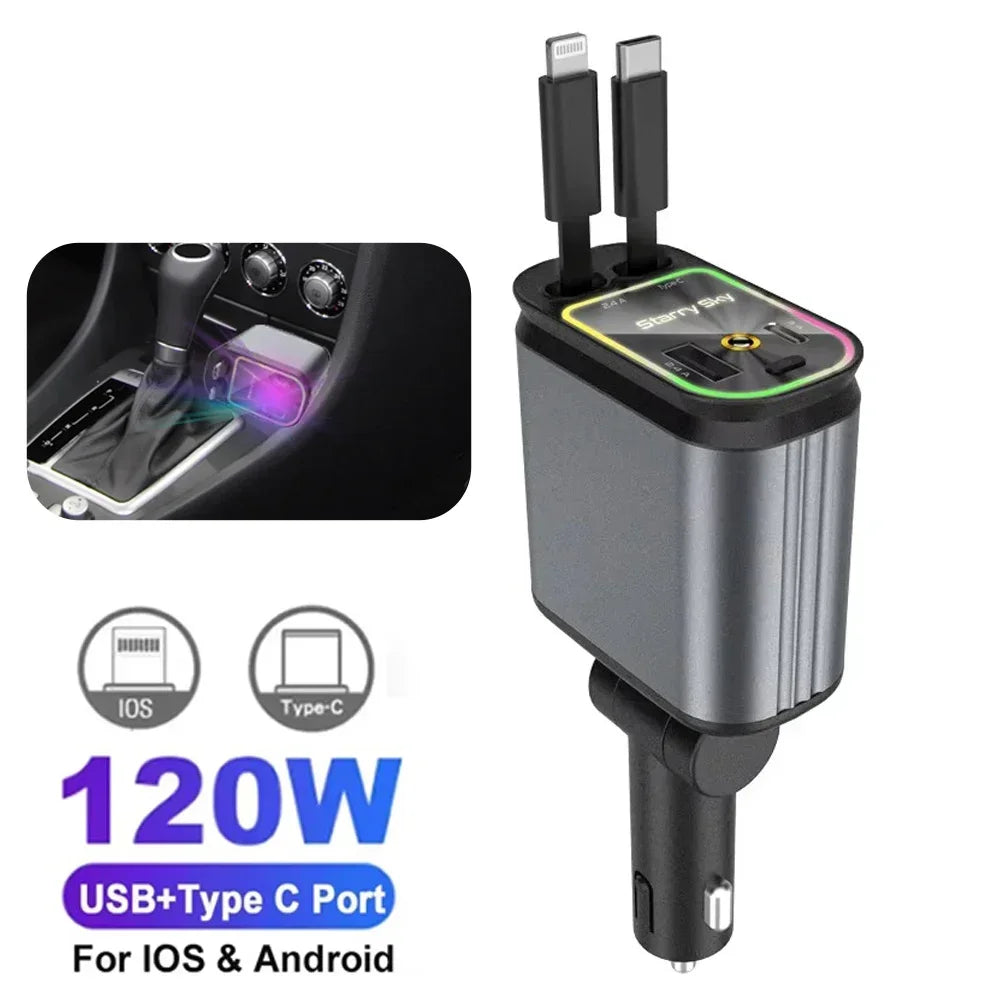 5-in-1 180W Car Fast Charger USB Type-C Power Adapter Retractable Phone Charger With Roof Starlight For IOS Android Phones