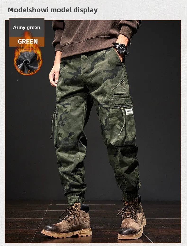 2025 NewMen's Fleece-Lined American Camouflage Casual Multi-Pocket Loose Zipper Jogger Pants Autumn Youth Trendy Workwear