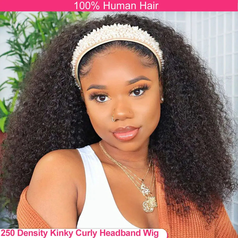 250% Density Afro Kinky Curly Headband Human Hair Wigs For Black Women No Glue Curly Wigs Brazilian Headband Wigs Human Hair