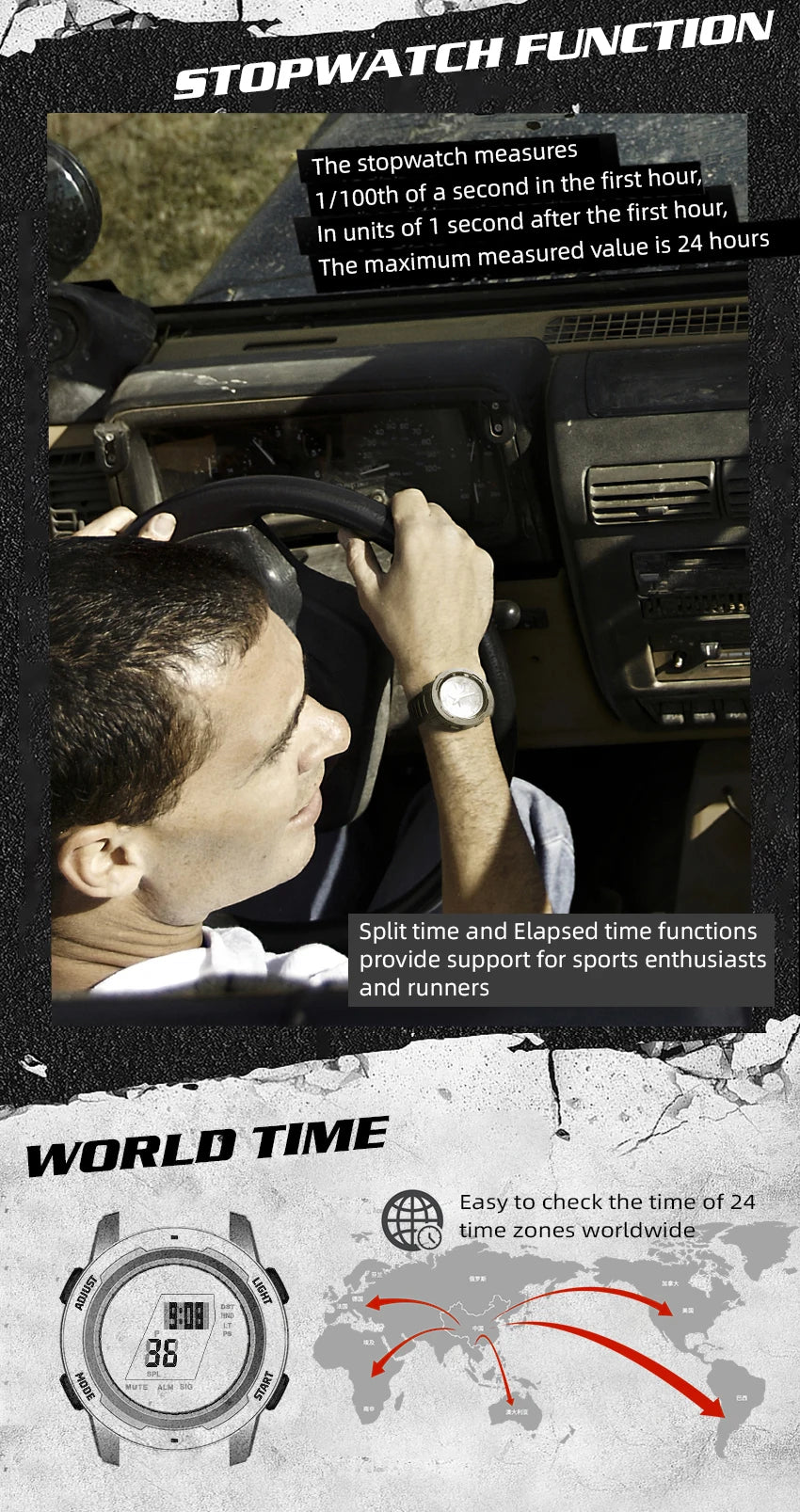 NORTH EDGE Mars3 Men's Military Watch Digital Carbon Fiber Case For Man Waterproof 50M Sports Watches World Time