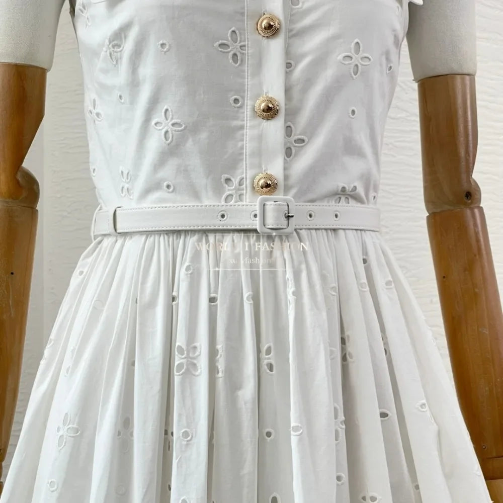 White Sleeveless Embroidery Midi Dress 2025 Top Quality