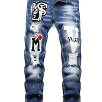 Men y2k Stretchy Denim jeans Ripped Skinny Letter Print elastic waist Casual pants for men Hole Slim Fit Denim Hip Hop Trousers
