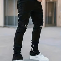 Men's Slim Fit Black Jeans - Street Style, Cotton Blend, Mid-Stretch Fabric, Ripped Detail, All-Season Wear