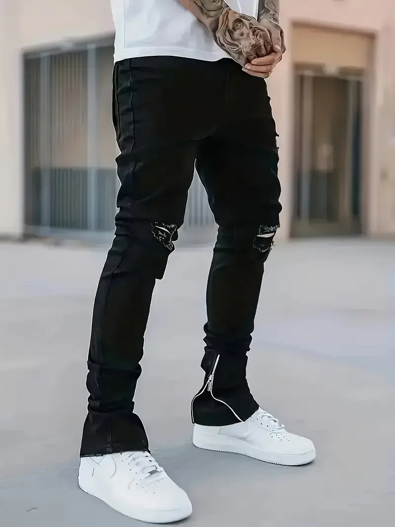 Men's Slim Fit Black Jeans - Street Style, Cotton Blend, Mid-Stretch Fabric, Ripped Detail, All-Season Wear