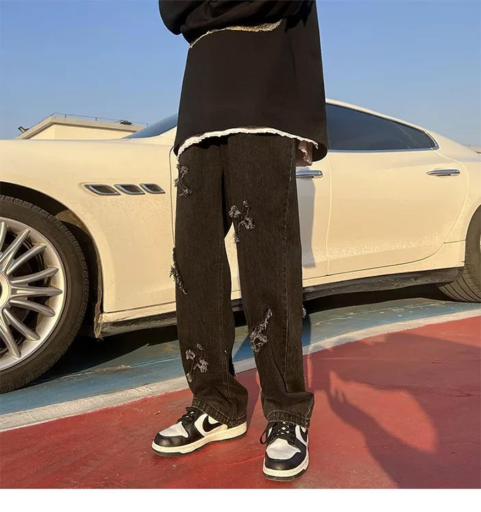 Cross Embroidery Y2k Jeans Mens Straight Denim Pants Casual Vintage Jeans Versatile Fashion Streetwear Spring High Street Pants