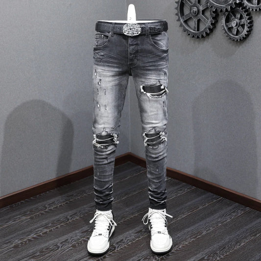Designer Fashion New High Quality Black Grey Jeans Elastic Slimming Perforated Patch Washed Jeans High Street Hip Hop Brand Pant