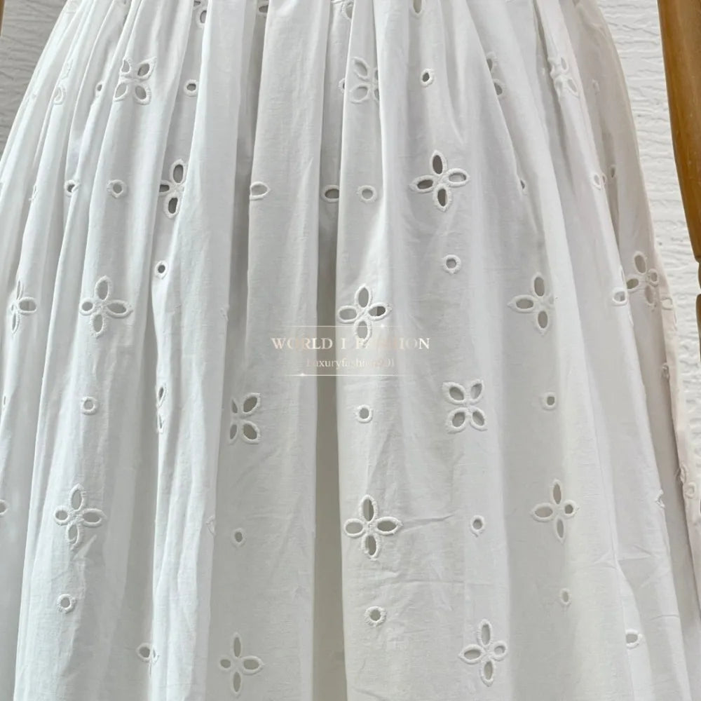 White Sleeveless Embroidery Midi Dress 2025 Top Quality