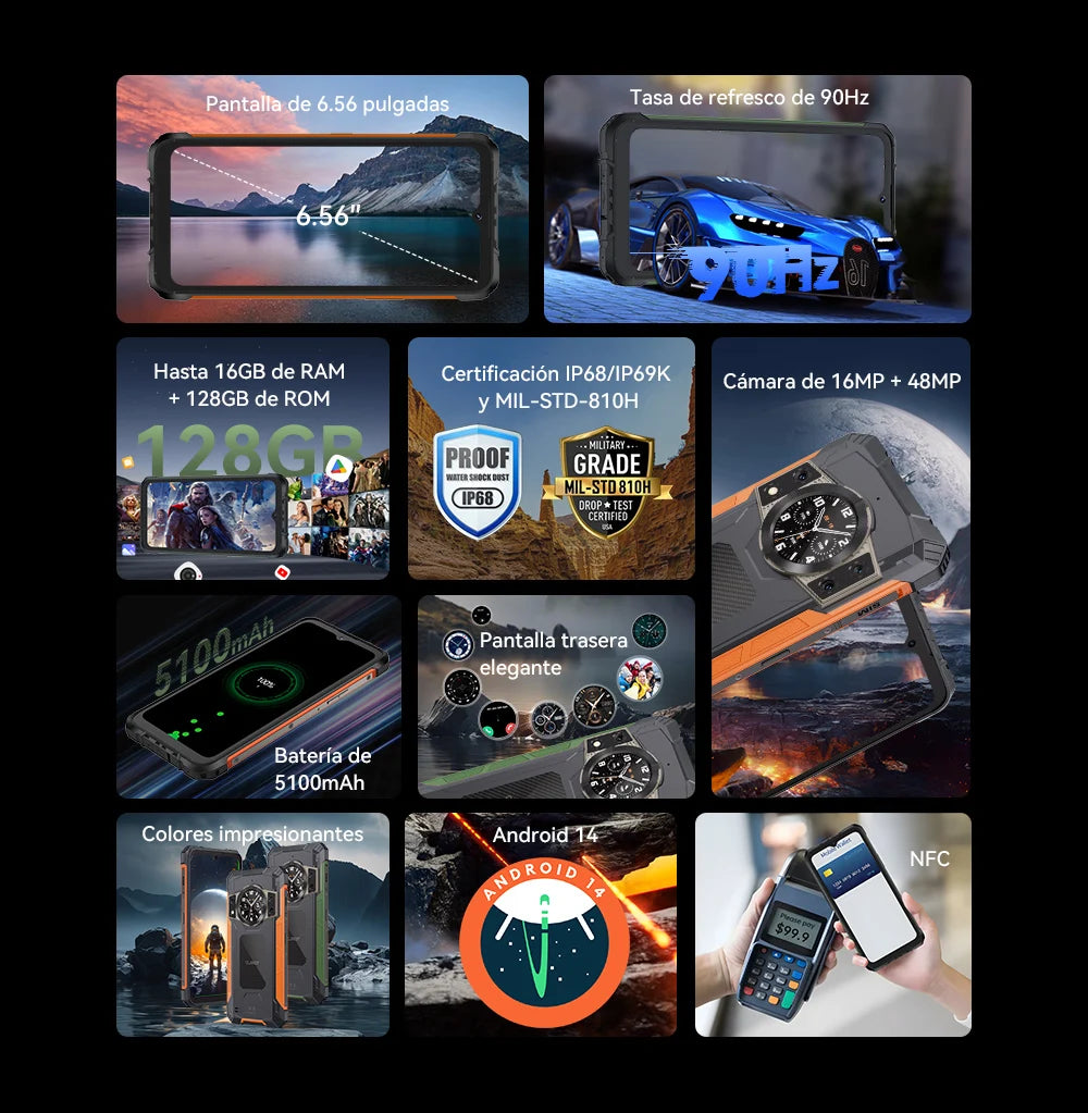 Cubot Kingkong Ace 2, Ultra-Thin and Robust Smartphone with Android 14, 16 Gb Ram (6 Gb + 10 Gb Expandable), 128 Gb Rom, 6.56 Inch and 90 Hz Screen, Nfc, 5100 Mah Battery, 4g Cell Phone