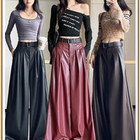 High Waist Wide Leg PU Leather Pants Women's Suit Casual Floor Length Trousers Autumn Winter New Style Loose Fit Long Pants