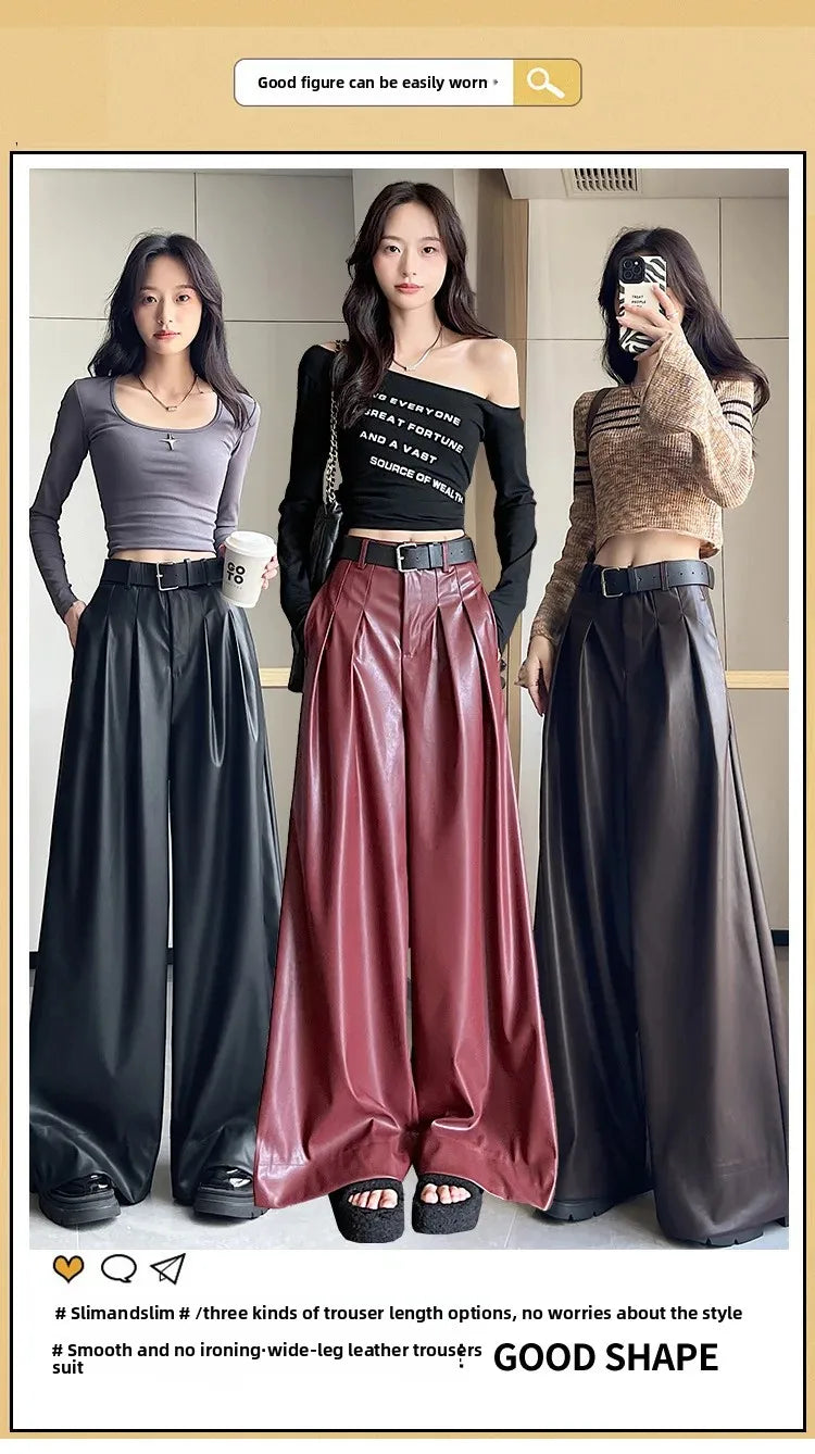 High Waist Wide Leg PU Leather Pants Women's Suit Casual Floor Length Trousers Autumn Winter New Style Loose Fit Long Pants