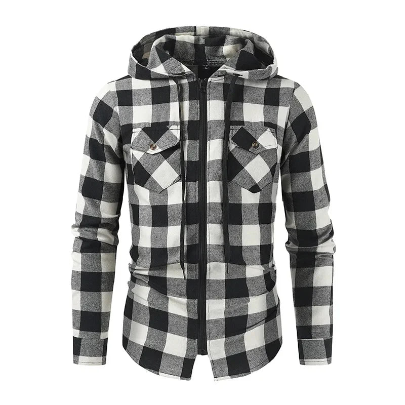 Men's New Plaid Hooded Sweater Long Sleeve Casual Thin Jacket Stand Hooded Shirt European Style Fashionable Outwear