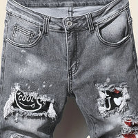 Men's slim fit ripped long denim pants, tight jeans with pockets, side straps, and zippers, men's jogging pants, ripped stretch