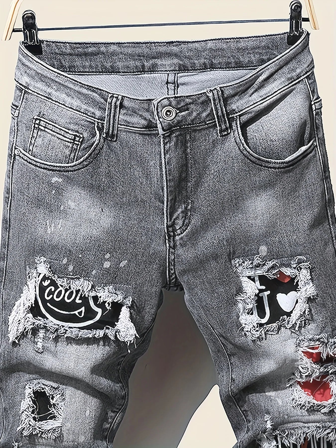 Men's slim fit ripped long denim pants, tight jeans with pockets, side straps, and zippers, men's jogging pants, ripped stretch