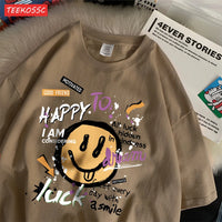 Summer Cotton Women T-Shirts Fun Graffiti Cute Smiling Face Prints Tees Breathable Loose O-Neck Casual Street Female Clothes