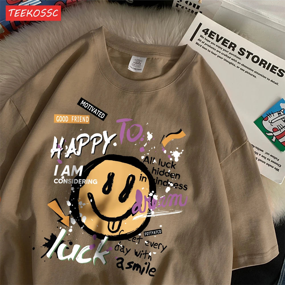 Summer Cotton Women T-Shirts Fun Graffiti Cute Smiling Face Prints Tees Breathable Loose O-Neck Casual Street Female Clothes