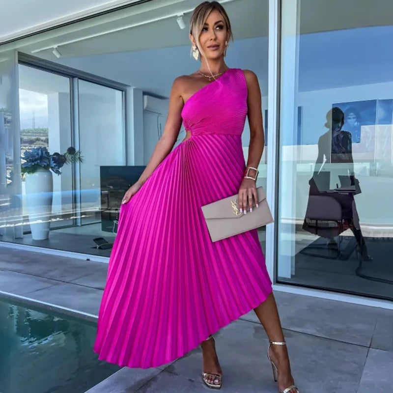 Ardm Elegant Oblique Shoulder Pleated Asymmetric Summer Dresses For Women 2023 Sexy Backelss Hollow Out Party Maxi Dress Vestido