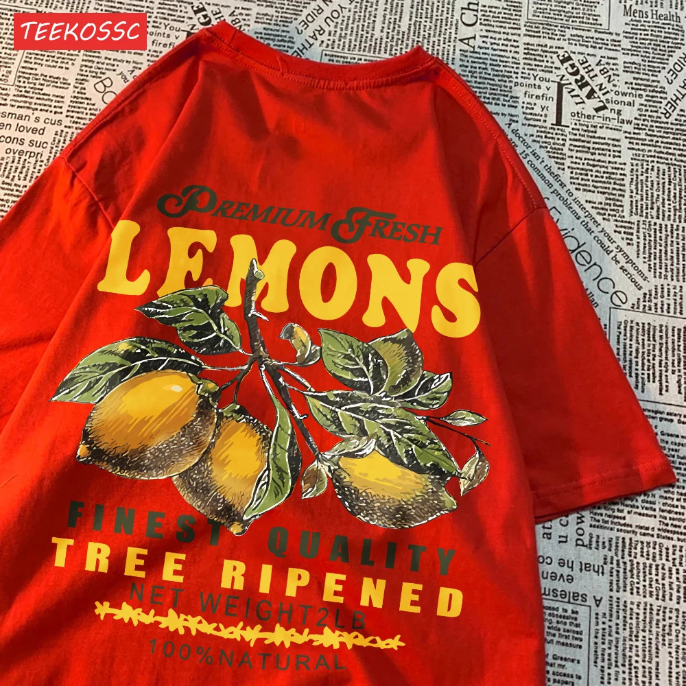 Summer Lemon Cherries Prints T-Shirts Cotton Women's Tops Oversize O-Neck Soft Short Sleeve tees Street Casual Womans Clothes
