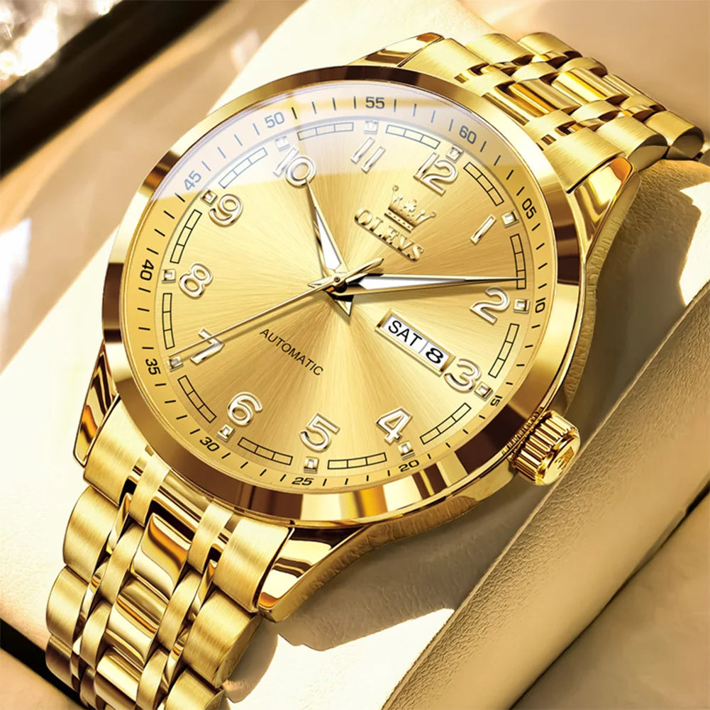 OLEVS Men Watches 7077 Luxury Fashion Top Brand Original Automatic Mechanical Watch for Man Double Scale Simple Trend Waterproof