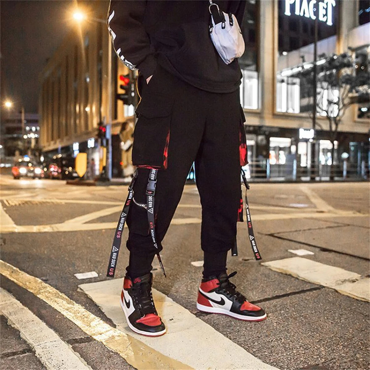 Cool Black Hip Hop Cargo Pants Gothic High Srteet Sweatpants With Pockets Korean High Wast Casual Outwear Pants Men Streetwear