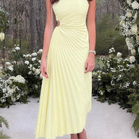 Women Elegant Long Dress Summer Sleeveless One-shoulder Pleated Hollowed Irregular Dress for Cocktail Party Beach Sundress Y2K