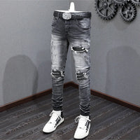Designer Fashion New High Quality Black Grey Jeans Elastic Slimming Perforated Patch Washed Jeans High Street Hip Hop Brand Pant