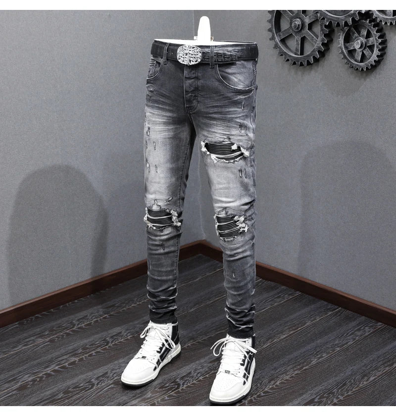 Designer Fashion New High Quality Black Grey Jeans Elastic Slimming Perforated Patch Washed Jeans High Street Hip Hop Brand Pant