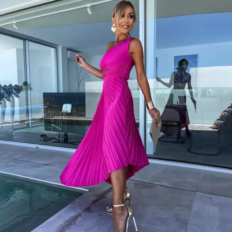 Ardm Elegant Oblique Shoulder Pleated Asymmetric Summer Dresses For Women 2023 Sexy Backelss Hollow Out Party Maxi Dress Vestido