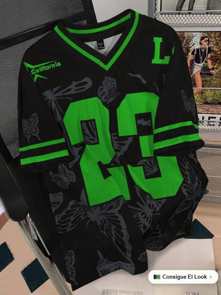 Summer Fashion Butterfly 23 Print TShirt For Women V-Neck Mesh Hole Short Sleeve Sports Football Jersey Y2K Loose Women Clothing